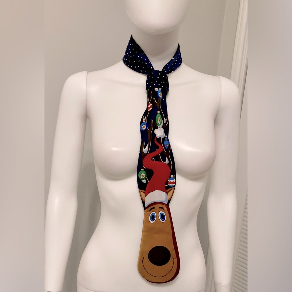 Men's Blue Neck Tie Christmas Santa Hat Deer Snowflake Holiday Necktie